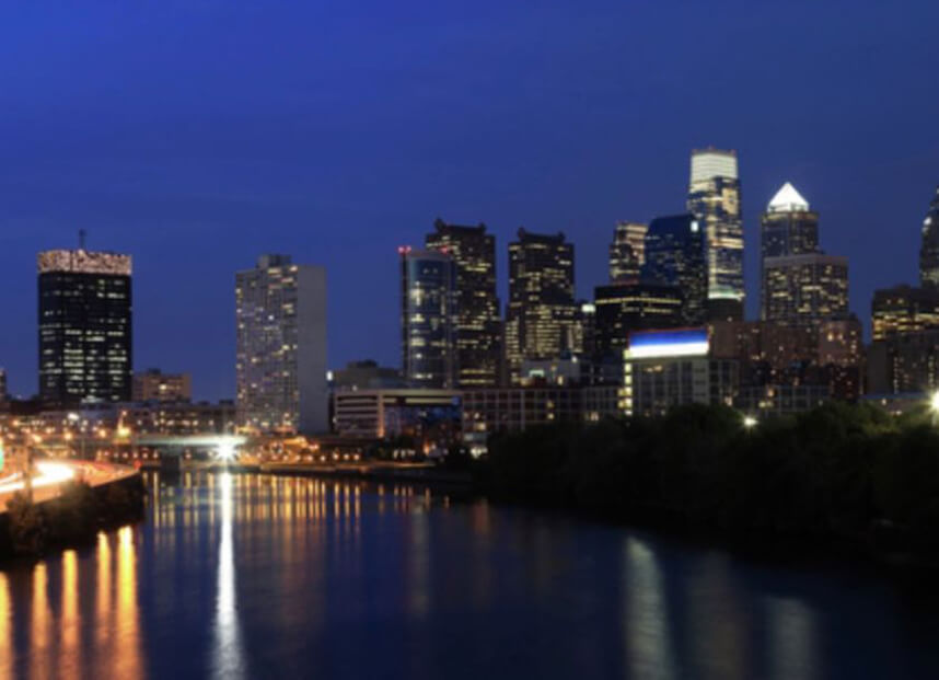 The Philadelphia skyline and Schuylkill River at night